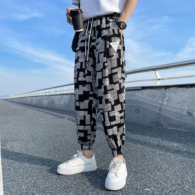 夏季薄款冰丝宽松版哈伦裤九分裤潮牌裤子男,男装休闲裤,电商A370