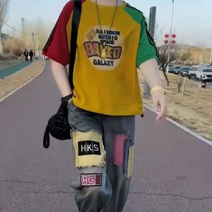 新款 女2025年夏季 印花拼色印花短袖 T恤 潮 时尚 牛仔哈伦裤 两件套装