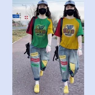 新款 牛仔哈伦裤 拼色印花棉短袖 撞色水洗薄款 两件套 T恤 2025年夏季