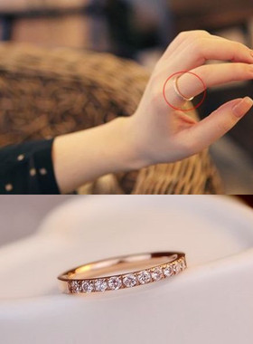 包邮韩版半圈钻水钻玫瑰金戒指女镀18k时尚食指首饰品钛钢