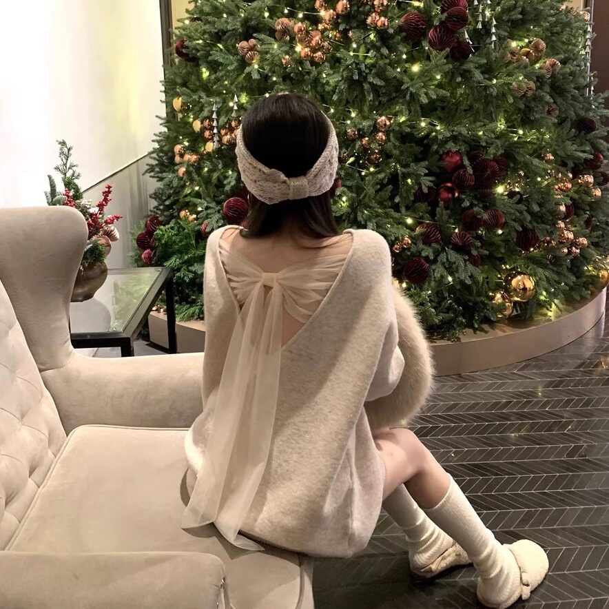 【背影杀】露背蝴蝶结设计感外穿毛衣女秋冬慵懒宽松针织衫