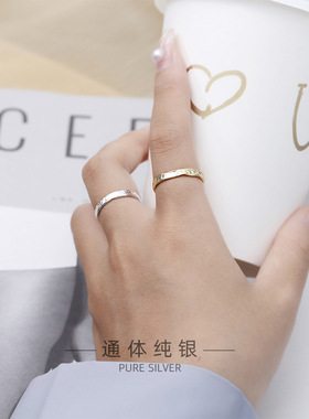 S925纯银锡箔纸纹开口戒指不规则凹凸面小众设计个性指环女