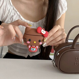 卡通可爱黑皮kt猫樱桃AirPodspro3耳机套3代Pro2苹果无线蓝牙保护壳二代防摔软壳AirPods4硅胶女Kitty盒5代潮