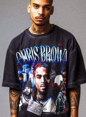 Chris Brown 250克重磅水洗 克里斯布朗 美式复古嘻哈说唱短袖T恤
