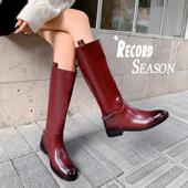 安克拉色矮跟鞋 长靴女2025秋冬新款 真皮粗跟圆头骑士靴中跟高筒靴