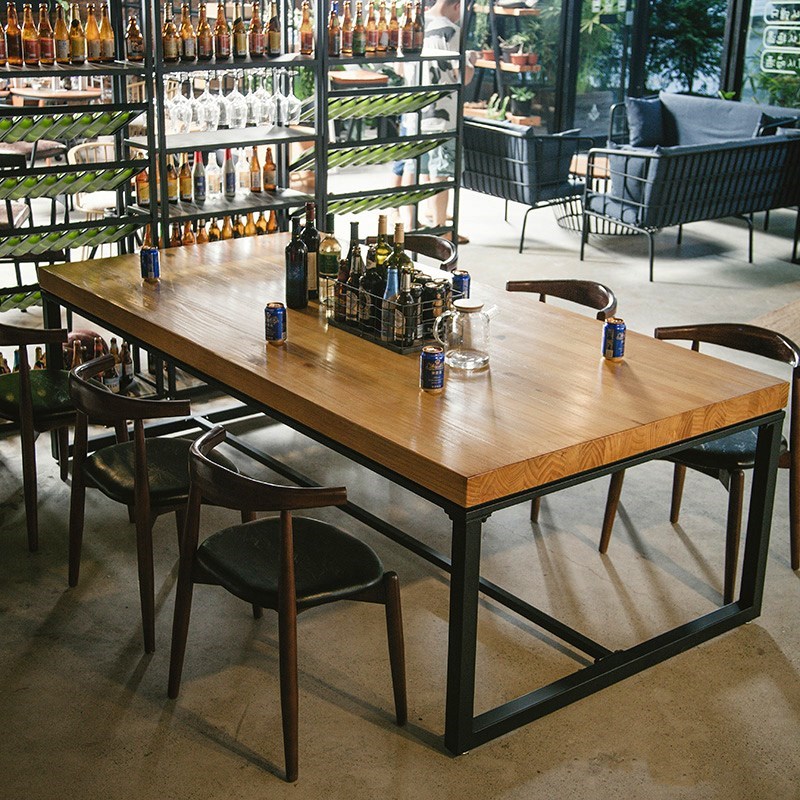 复古实木酒吧烧烤吧音乐餐厅工业风餐桌长方形铁艺咖啡厅桌椅组合