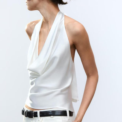 法式气质性感缎面质感挂脖领上衣