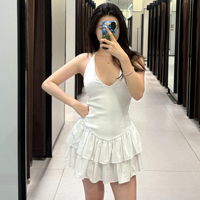 ZA收腰短款拼接挂脖领连衣裙女2025夏季新款蛋糕蓬蓬裙 4174376