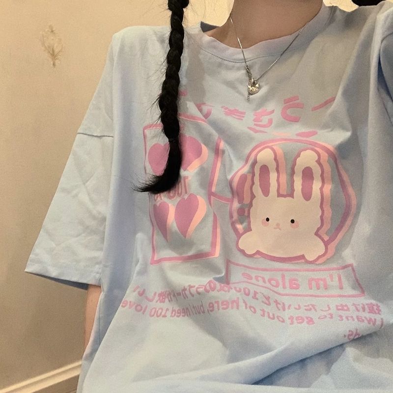 100%纯棉短袖T恤女夏季新款天蓝色卡通动漫印花创意上衣潮ins