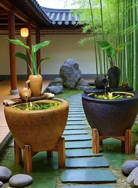 整套生态古法养鱼陶瓷流水罐制氧循环圆缸摆件系统庭院花园可种植