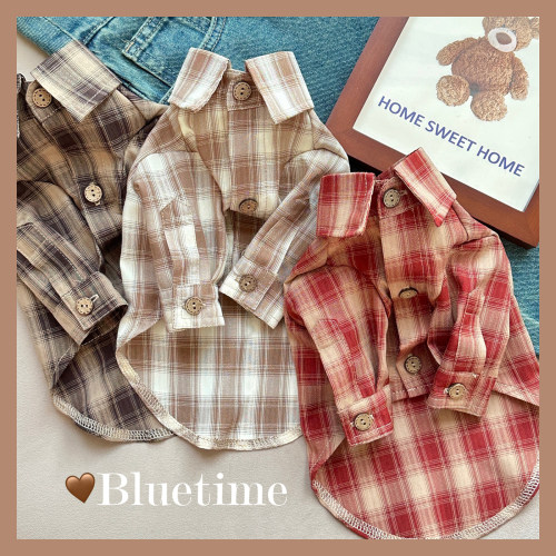 bluetime猫狗棉麻格子衬衫不撞款