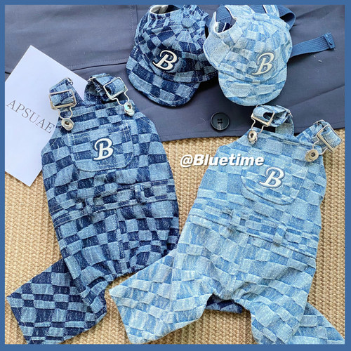 bluetime宠物牛仔棋盘格背带裤