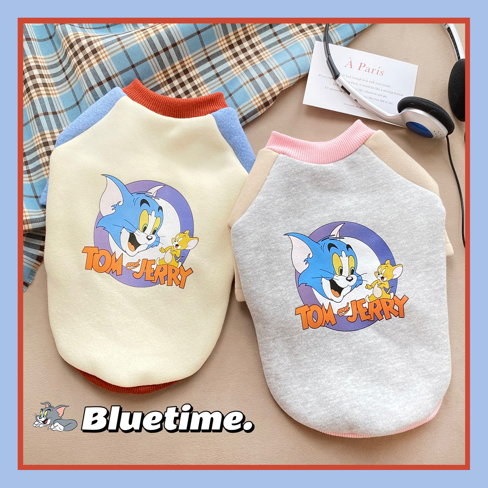 bluetime猫狗抓绒卡通撞色卫衣