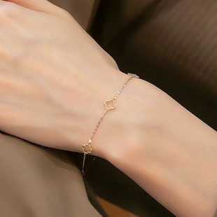 幸运草925纯银镀14K金色镂空四叶小花幸运草手链潮女气质素金手饰