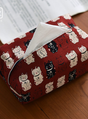 日式招财猫纸巾盒布艺抽纸巾布袋INS风简约餐巾纸包车载款系绑带