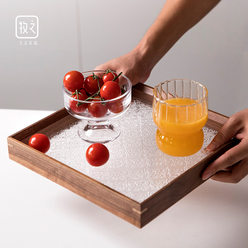 实木有机玻璃托盘长方形透明亚克力压花干泡小茶盘蛋糕点心水果盘