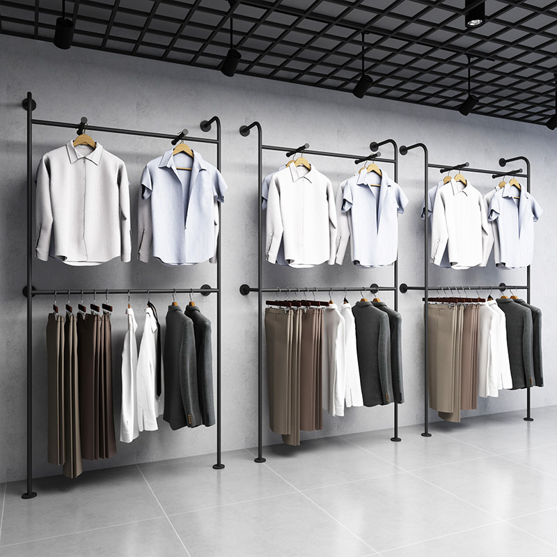 服装落地式双层挂衣杆展示架上墙