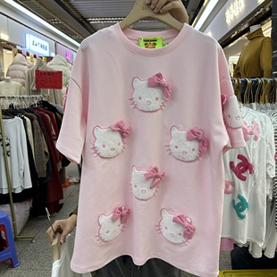 宽松胖妹妹显瘦体恤衫 T恤女夏季 重工刺绣kt猫短袖 欧货300斤特大码