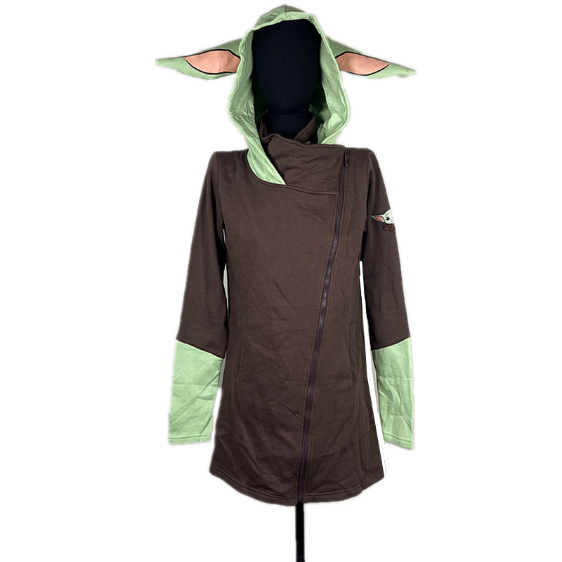 包邮仅一件中长款卡通连帽卫衣女绿色拉链衫长袖上衣可爱造型外套