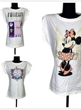胸围88cm 白色全棉卡通印花圆领短袖T恤迪啥尼公主迷老鼠圣诞惊魂