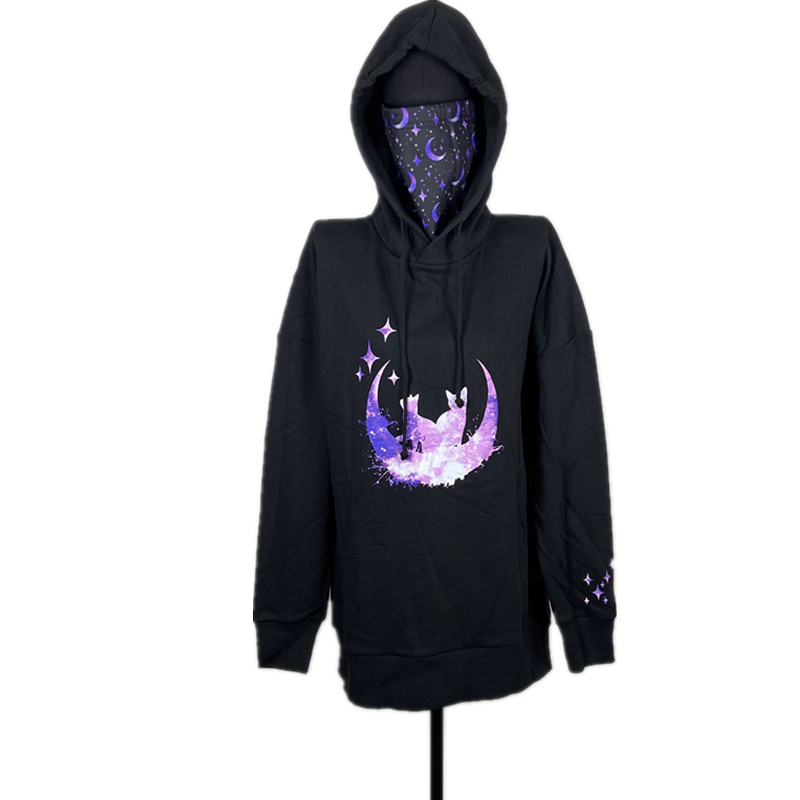 包邮oversize大码暗黑摇滚女巫月亮猫星星印花抓绒套头连帽卫衣