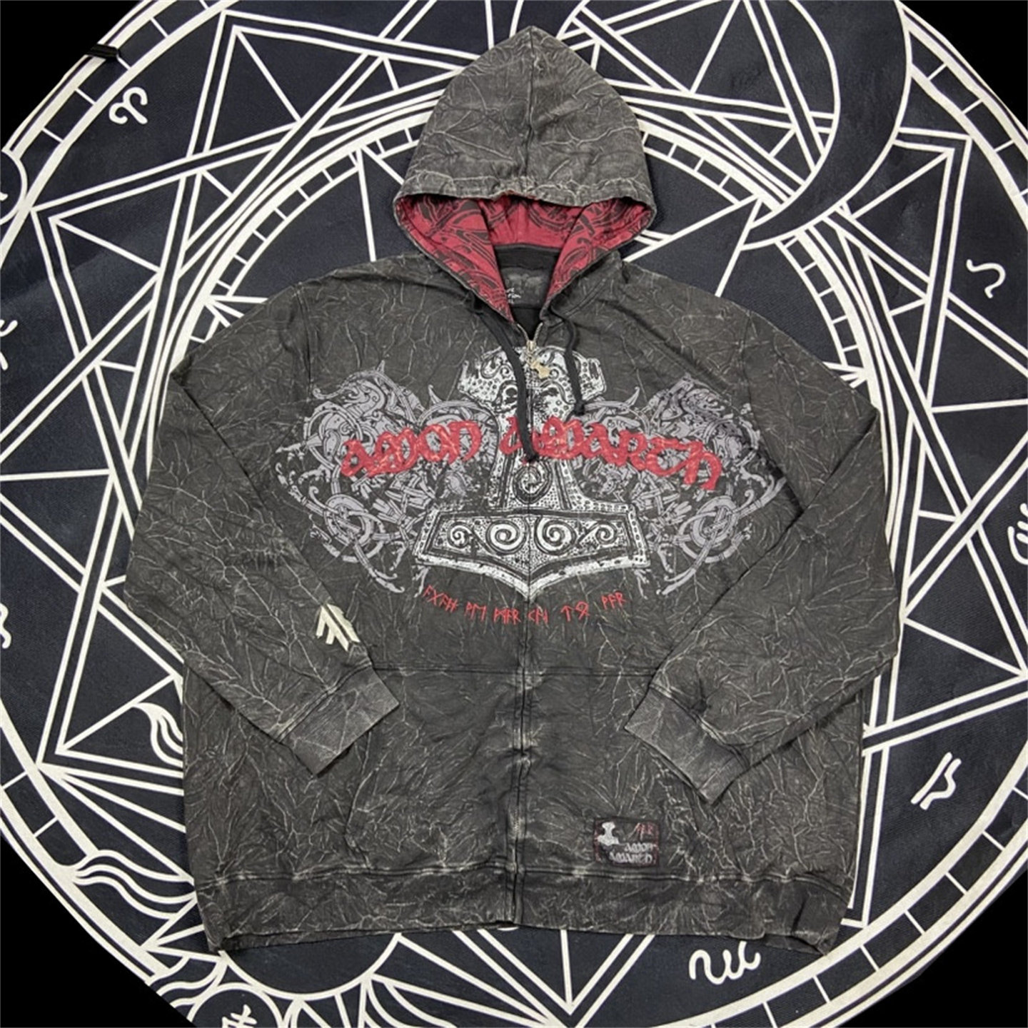 胸围162CM摇滚周边水洗做旧复古哥特印花贴布连帽卫衣男士大码