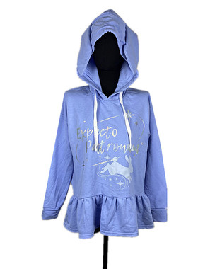 啥利波特学院风连帽卫衣女款蓝色字母印花荷叶边下摆抽绳休闲上衣