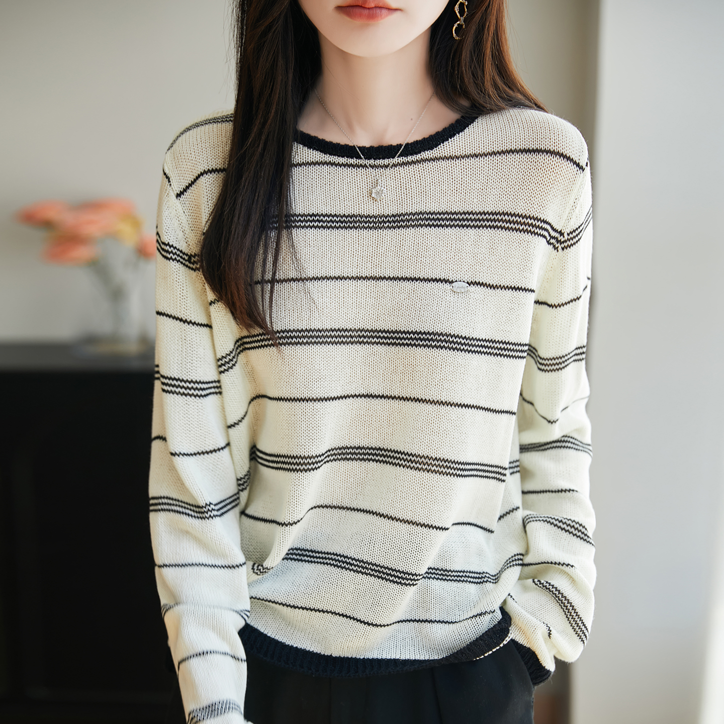 ROUMIKL法式撞色条纹针织衫女2025新款洋气减龄毛衣百搭格雷系打