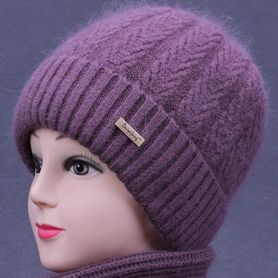 中老年人帽子女秋冬天妈妈兔毛线针织帽奶奶老太太加绒厚保暖棉帽