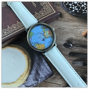 经典飞机地图圆盘秒针手表原宿复古地图手表牛仔布飞行家学生手表