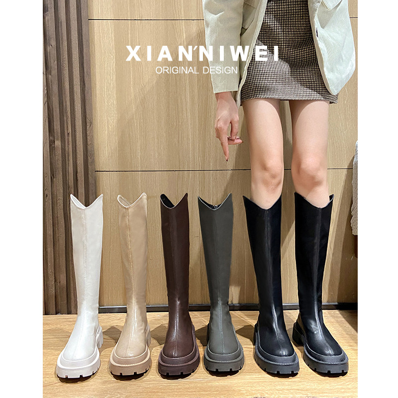 2025年新款小个子不过膝长筒靴子女中筒高筒靴显瘦弹力骑士马丁靴