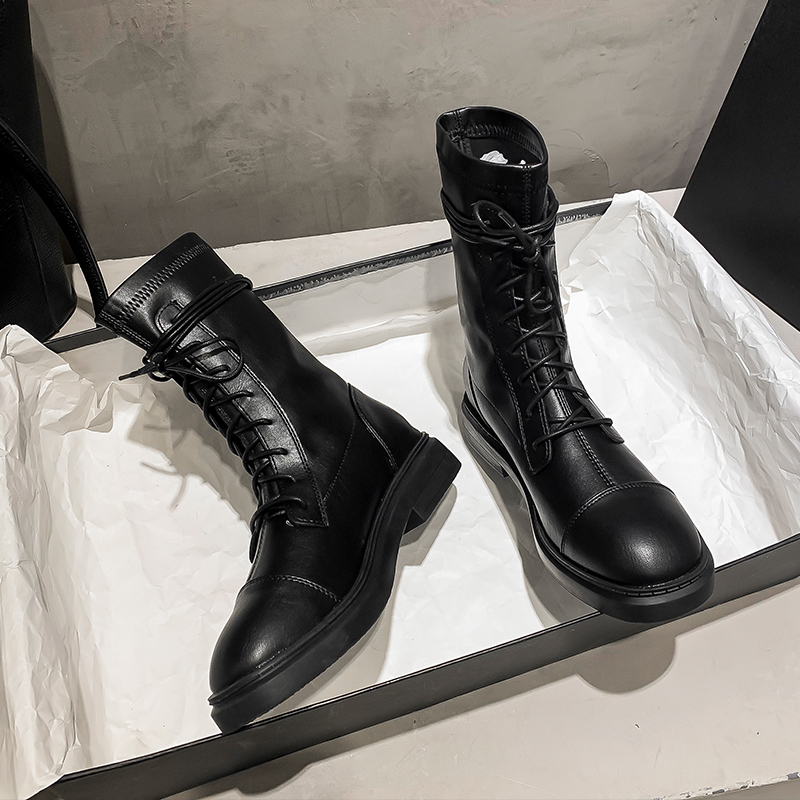 瘦瘦中筒短靴子女2021机车系带