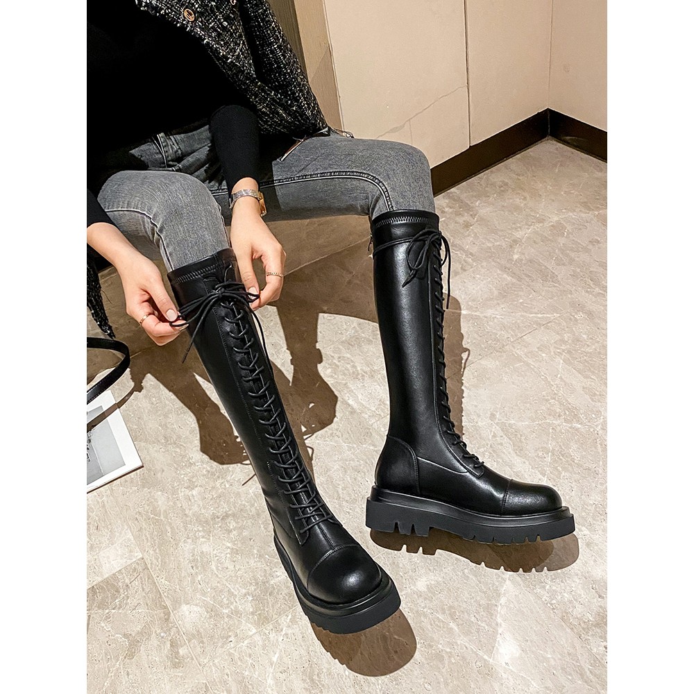 小个子不过膝绑带高筒靴子皮靴