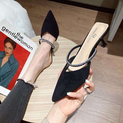 懒人半拖鞋女外细跟尖头穆勒