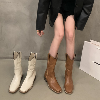 粗跟美式复古棕色V口长靴