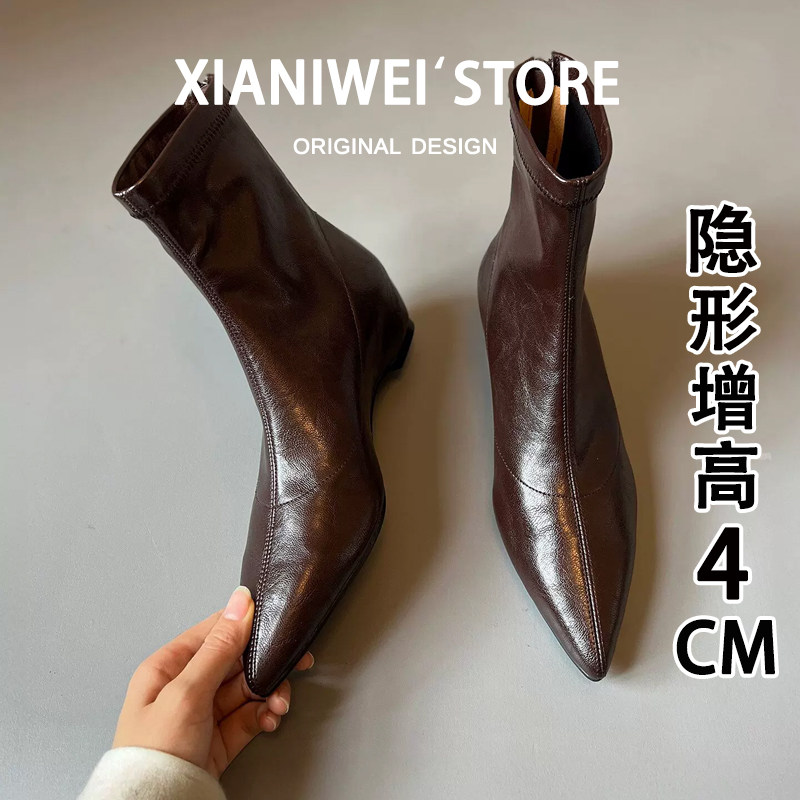 弹力靴后拉链坡跟骑士靴图片