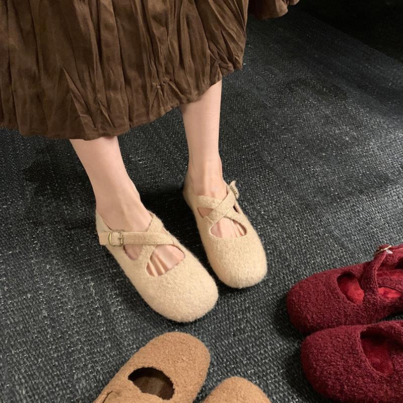 交叉扣带玛丽珍女鞋毛毛棉鞋