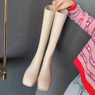 长筒靴子女2025秋冬新款不过膝方头弹力中高筒骑士靴瘦瘦白色长靴