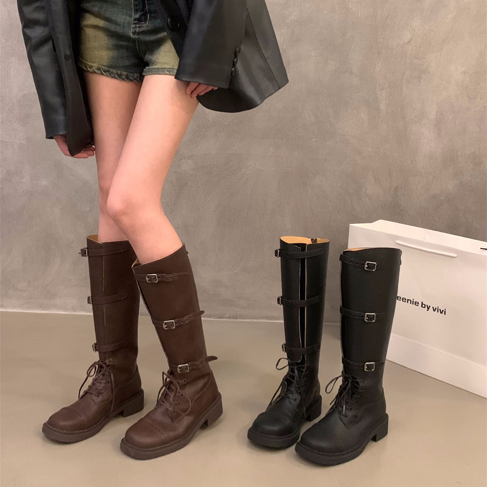 秋冬季皮带扣中筒长靴子