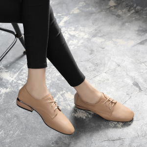 平底单鞋女2023新款秋季粗跟方头系带真皮深口百搭休闲英伦小皮鞋