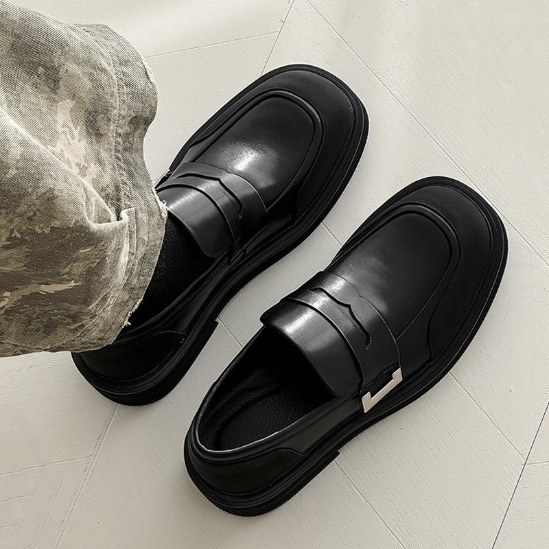2025新款男鞋黑色高档休闲皮鞋情侣通勤工作鞋子厚底一脚蹬乐福鞋