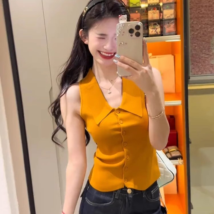 复古橘色polo领无袖针织T恤女