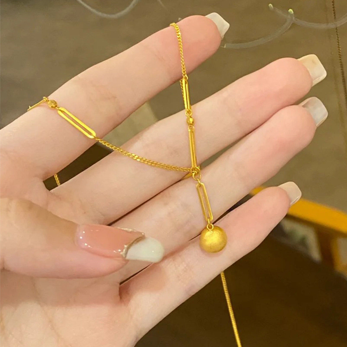 磨砂小金球项炼女高级18K黄金锁