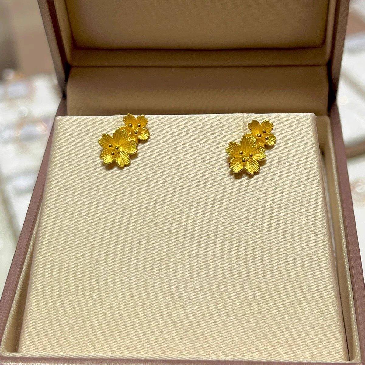 18k金双桃花耳钉复古简约耳环