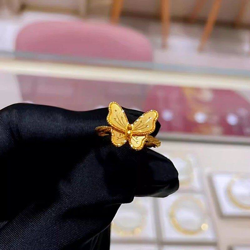 新款拉丝蝴蝶戒指花月佳期黄金麻花食指戒 999活口可调节金色戒指
