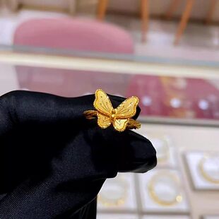 新款拉丝蝴蝶戒指花月佳期黄金麻花食指戒 999活口可调节金色戒指