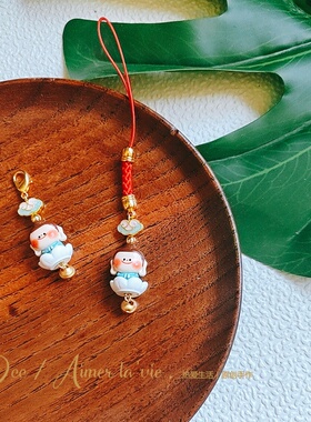 国风红色平安喜乐小佛手机挂件中式挂坠耳机U盘钥匙挂绳背包配饰