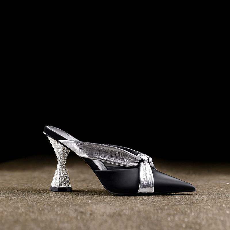 时髦尖头半拖鞋外穿真皮品牌女鞋夏季新款气质粗跟高跟鞋不累脚