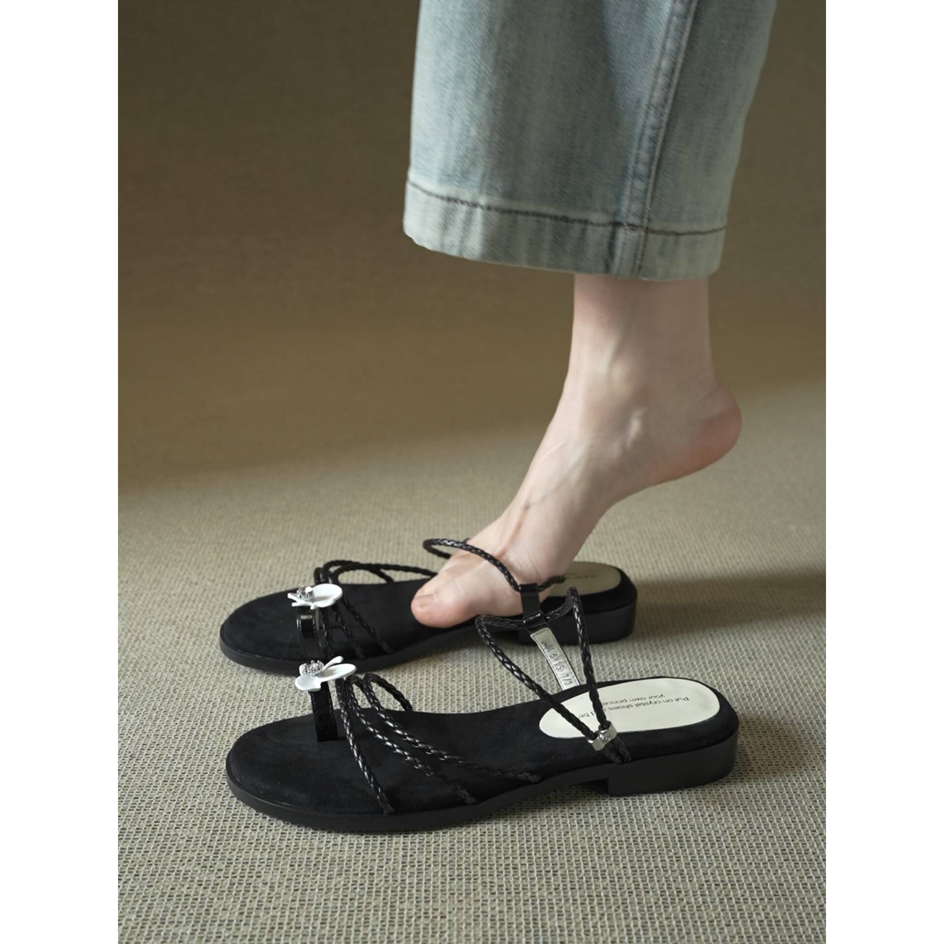 仙女风~编织细带花朵套趾凉鞋女鞋2026新款夏白色低跟两穿凉拖鞋