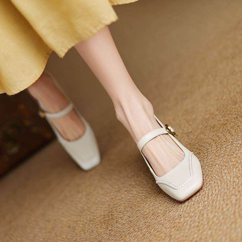 羊皮方头玛丽珍鞋女5cm粗跟真皮单鞋春夏法式复古通勤百搭高跟鞋